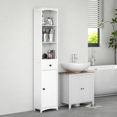 Produktbild von Weiss Badezimmerschrank 34x24x170,5 cm Hochschrank Mit 3 Regalen 1 Schublade Badschrank Badregal Badmoebel