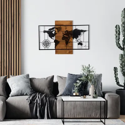 Wallity, World Map Wıth Compass, Wanddeko, Schwarz, Metall, 85 x 58 cm