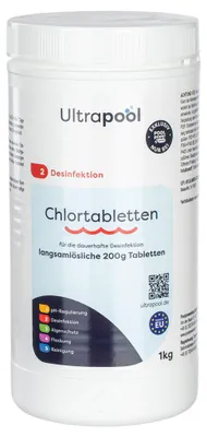Produktbild von Ultrapool Chlortabletten 200 g langsam löslich Pool Chlor Tabs zur Dauerchlorung 1 kg / 5 kg / 10 kg (1 x 1 kg)