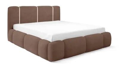 Image de Lit tapissier 200x200 Avelin avec éclairage LED, coffre de lit intégré - Revêtement bouclé, sommier à lattes en métal - Couleur : marron