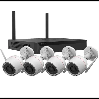 A security camera system kit with an NVR and four cameras.