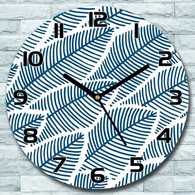 Produktbild von Wanduhr aus Glas Rund fi 30 Subtil Blaue Blätter Quarz Deko Wohnzimmer Büro