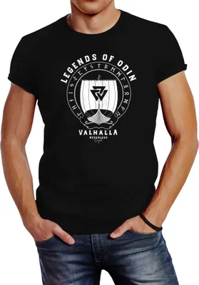 Produktbild von Herren T-Shirt Legends of Odin Valhalla Vinkings Wikinger Slim Fit Neverless® schwarz S