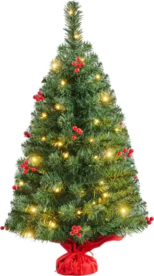 A small, decorated artificial Christmas tree on a white background.