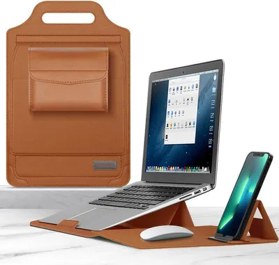 Produktbild von Multifunktionale Laptop-Tasche, Tragbare Halterung, PolyurethanWasserdicht, Faltbarer Ständer mit Handyhalterung, 11-12 inch, Braun