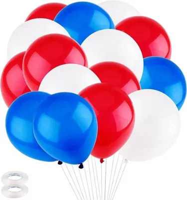 Zdjęcie produktu dla Zestaw 60 balonów helowych – niebieskie, białe, czerwone – 10 cali – z taśmą do balonów – dekoracje imprezowe – dekoracje ślubne