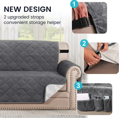 Produktbild von (3 Seater, Grau) Sofabezug Gesteppter dicker Samtplüsch-Couchbezug für Sessel Schonbezug Schutz vor Haustieren Hunde, rutschfest zwei elastische Riemen an Rücken und Basis