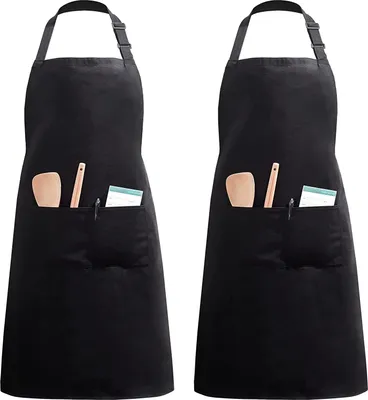 Produktbild von 2 Stücke verstellbare Schürze mit 2 Taschen, Kochenschürze Küchenschürze für Küche, Restaurant, café (Schwarz Polyester)