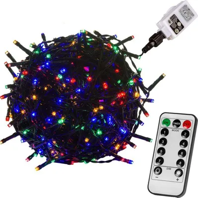 A tangled ball of multi-colored LED string lights with a remote control and power adapter.