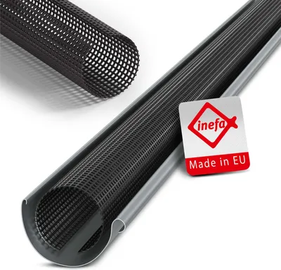 A black mesh gutter guard is shown inside a gray gutter, with another piece of the mesh coiled in the background. A red and white logo with the text 'inefa' and 'Made in EU' is visible.