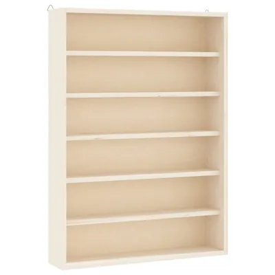A wooden display shelf with six compartments against a white background.