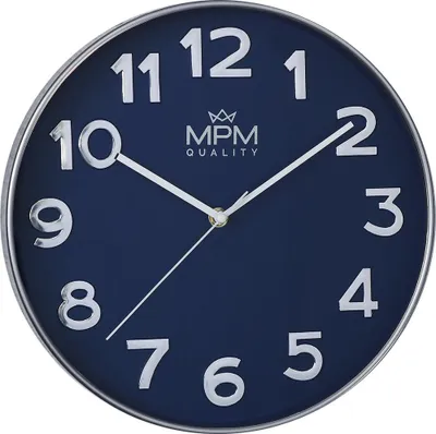 Obrázek produktu pro MPM-Quality Silver Line – Nástěnné kulaté hodiny plastové se sklem, 3D arabské číslice, modré, průměr 30 cm, quartz strojek, minerální sklíčko