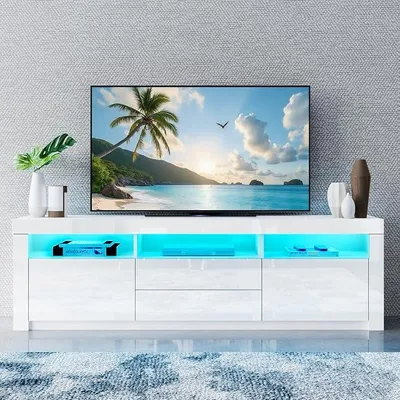 Obrázek produktu pro LED televizor, moderní televizní stolek s vysokým leskem, s 2 dvířky a 2 zásuvkami. Televizní stolek do obývacího pokoje nebo ložnice, bílý, rozměry 160 x 35 x 60 cm