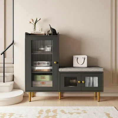 Produktbild von UnboxG Schuhbank mit Schuhschrank Schwarz, Flurgarderobe mit Wellenglastüren, gepolsterter Sitzbank, verstellbaren Einlegeböden & goldenen Metallfüßen, 100 x 35 x 69,5 cm