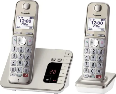A cordless phone set with a base station and two handsets, displayed against a white background.