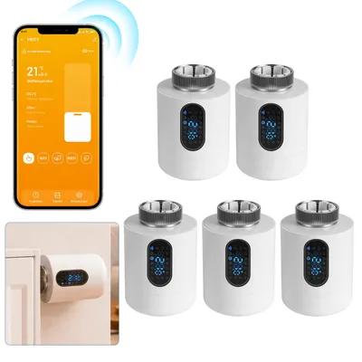 Obrázek produktu pro Chytrý termostat pro radiátory Peviasot, WiFi, ovládání přes aplikaci, kompatibilní s platformami Smart Life/Tuya, bílý, sada 5 kusů, obsahuje 7 adaptérů pro ventily
