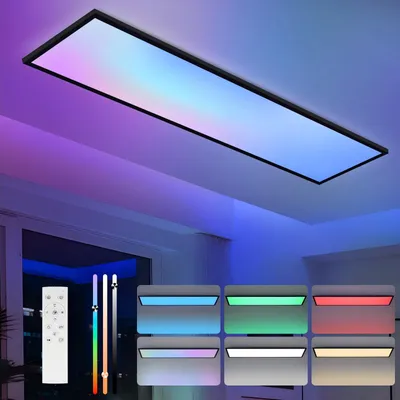 A rectangular LED panel light with various color options displayed on a ceiling, with a remote control and color samples shown in the foreground.