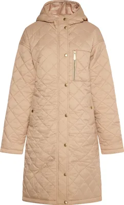 Produktbild von Damen Jacke beige Größe L, gesteppt, mit Kapuze, tierfreundlich gefüttert, gold-silberfarbene Beschläge