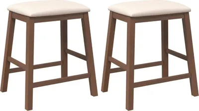 Two brown wooden bar stools with cream seats are shown against a white background.