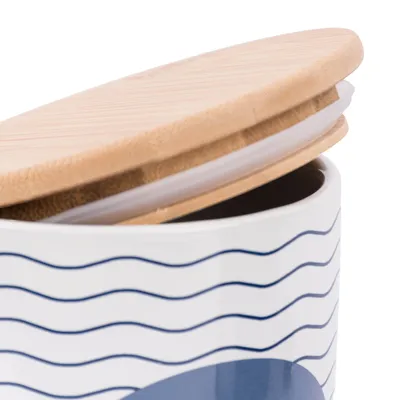 Produktbild von Vorratsdose Porzellan Bambusdeckel Glück ahoi blau weiß11x16cm