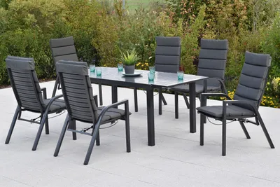 Produktbild von Merxx Gartenmöbel Set Siros 13tlg., 6 Sessel verstellbar durch Gasdruck, 6 Auflagen, Ausziehtisch 150 (200) x 90 cm- Aluminium
