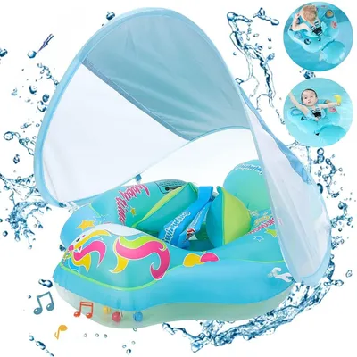 Produktbild von Baby Schwimmring mit Sonnendach, Schwimmhilfe mit Sicherheitsgurten, Aufblasbarer Schwimmreifen für 3–36 Monate, Schwimmtrainer Baby mit Luftpumpe