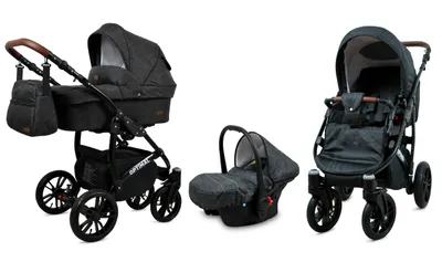 A studio shot of a 3-in-1 baby stroller set, including a bassinet, a car seat, and a stroller seat, displayed on a white background.