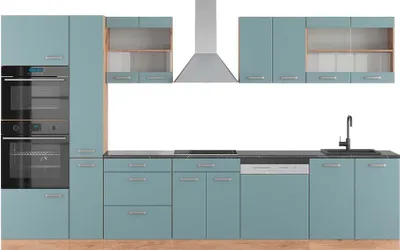Zdjęcie produktu dla Kuchnia Vicco R-Line Niebiesko-szary/złoty dąb 350 cm z wysoką szafką, BP Antracyt, Model 49826