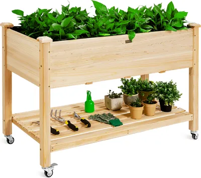 Produktbild von COSTWAY Hochbeet mit Ablagefach, Erhöhtes Gartenbeet aus Holz, Pflanzkasten mit feststellbaren Rädern und Schutzfutter, Gemüsebeet Kräuterbeet groß für Balkon, Garten und Terrasse, 120 x 59 x 84 cm