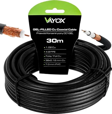 A coiled black coaxial cable with a product information tag.