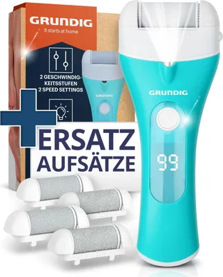 Produktbild von Grundig Hornhautentferner elektrisch Pro - schnell Hornhaut entfernen ohne Bücken - Premium Akku Hornhaut Entferner nass + trocken mit Arbeitslicht, 3 Fuß Rollen, wiederaufladbar (Gerät + Ersatzköpfe)