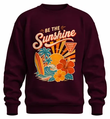 Immagine prodotto di Felpa con cappuccio, stile "tramonto estivo", con immagini di onde, palme e spiaggia, colore bordeaux, taglia L