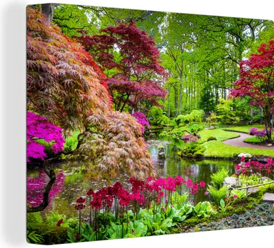 Produktbild von MuchoWow® - Leinwandbilder - Bäume - Blumen - Japanisch - Natur - Wasser, Wandbild, Wanddeko Bilder Wohnzimmer, 80x60 cm