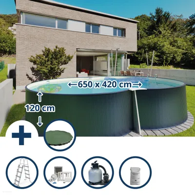Produktbild von Stahlwandpool Set (6-teilig) hoch achtform 650x420x120 cm, Stahl 0,4 mm anthrazit Folie 0,4 mm sand