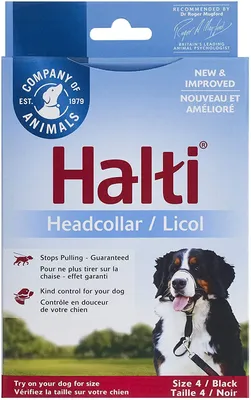The image shows the retail packaging for a Halti Headcollar, including a picture of a dog wearing the product.