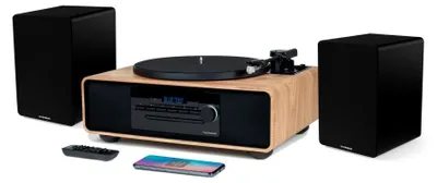 Zdjęcie produktu dla Gramofonem z głośnikami Bluetooth, radiem FM, odtwarza płyty CD/MP3 Thomson MIC300TT/400DUO