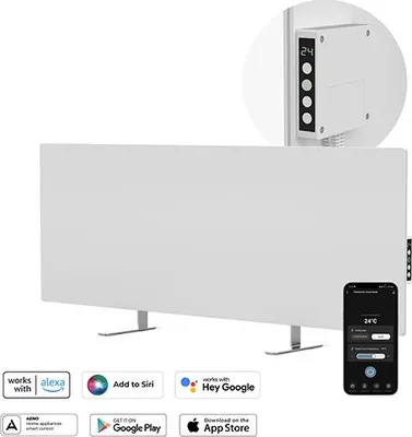 A white infrared heating panel with a digital display and control buttons, shown with associated app and compatibility logos.