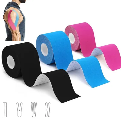 Obrázek produktu pro Kineziologická páska, 3 role, 5 m x 5 cm, voděodolná, šetrná k pokožce, barvy: černá, modrá, růžová