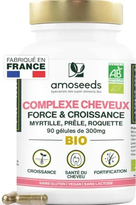 Immagine prodotto di Integratore alimentare biologico per capelli Amoseeds Complexe Cheveux, 90 capsule