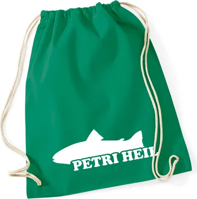 Produktbild von Huuraa Turnbeutel Petri Heil Fischergruß 12 Liter Kelly Green Baumwolle Rucksack Geschenkidee