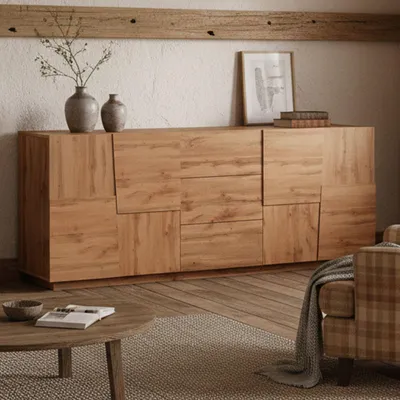 Produktbild von Kommode Ddamsgaar, Wohnzimmer-Buffet, Wohnzimmer-Kommode mit 4 Türen und 3 Schubladen, 220x44x86 cm, Eiche