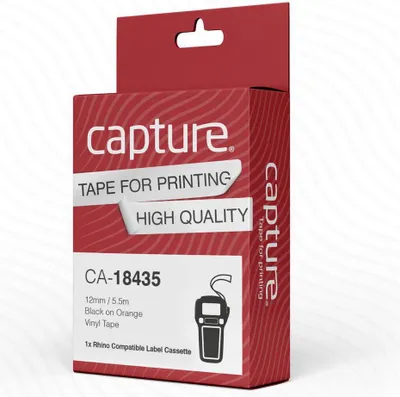 Produktbild von Capture CA-18435, Schwarz auf orange, 1 Stück(e), Vinyl, DYMO, Rhino, 1,2 cm