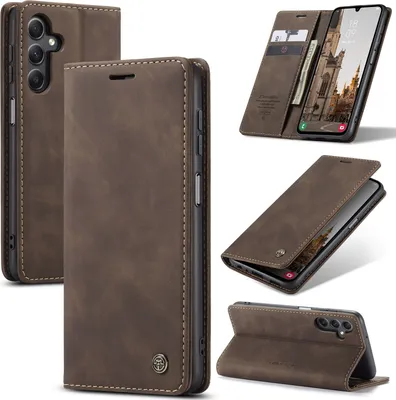 A collage of images showing a brown leather flip case for a Samsung Galaxy A16 4G/5G phone from various angles.