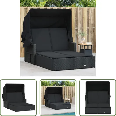 Produktbild von The Living Store Doppel-Sonnenliege mit Dach und Auflagen Schwarz Poly Rattan