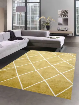 Produktbild von Skandinavischer Teppich Wohnzimmer Rautenmuster Weiß Creme Gold pflegeleicht Größe - 140x200 cm