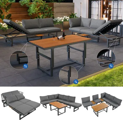 Produktbild von Gartenmöbel-Set, grau, 3-teiliges Set mit 2 Sofas, Tisch, pulverbeschichtetem Eisengestell, verstellbarer Rückenlehne,Akazienholz