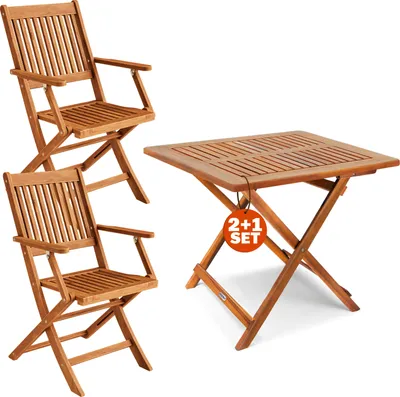 A wooden balcony furniture set consisting of a table and two chairs, displayed on a white background.