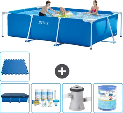 Obrázok produktu pre Bazén Intex s obdĺžnikovým rámom - 300 x 200 x 75 cm - modrý - obsahuje kryt - balík na údržbu - filtračné čerpadlo pre bazén - filter - dlažba