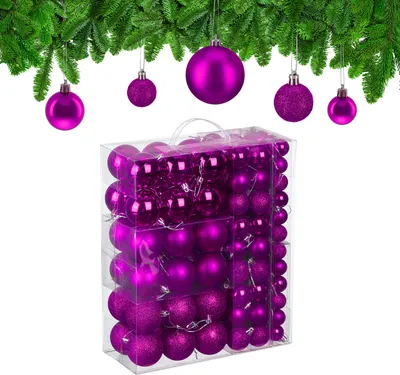 Produktbild von Relaxdays Weihnachtskugeln im 138er Set, Kunststoff, glitzernde, matte, glänzende Baumkugeln, Christbaumschmuck, pink