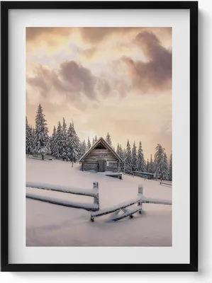 Produktbild von Landschaft einer Berghütte im Winter und bei Sonnenuntergang– Wandbild mit Rahmen – Gerahmtes Bild  – Wanddekoration – 50x70 cm –  Schwarz Rahmen